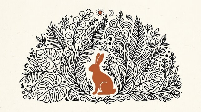 Whimsical Rabbit Silhouette Amidst Lush Botanical Illustration