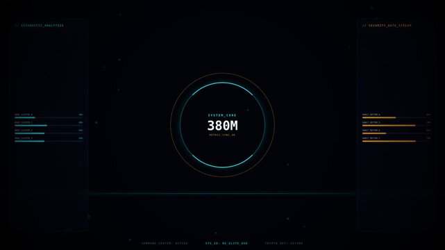 A digital dashboard displaying a prominent value in the center, surrounded by graphs and stats in a sleek, dark interface