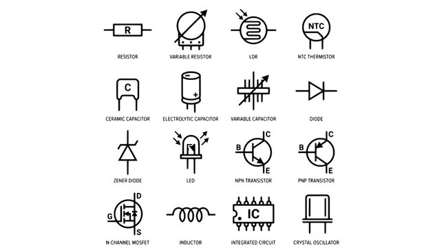 Electronic components symbols set with various circuit elements and schematic icons featuring resistor, variable resistor, LED with thermistor and