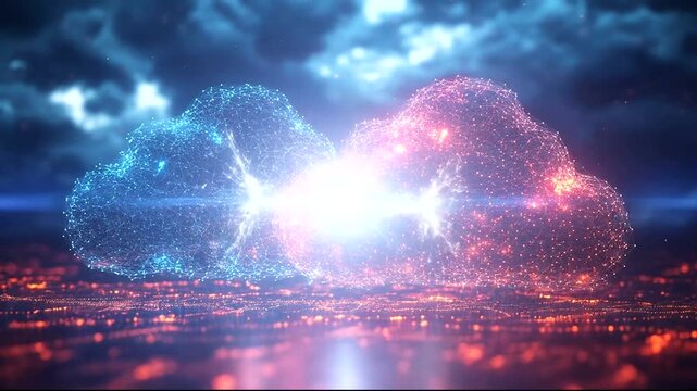 Vibrant digital clouds with electric connection above city