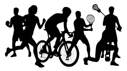 Obraz premium Black silhouettes of people running cycling and playing sports isolated on transparent background, Vector