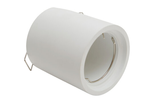 White recessed ceiling spotlight fixture isolated on transparent background. Modern LED downlight housing for interior lighting installation. Electrical hardware component for home renovation.