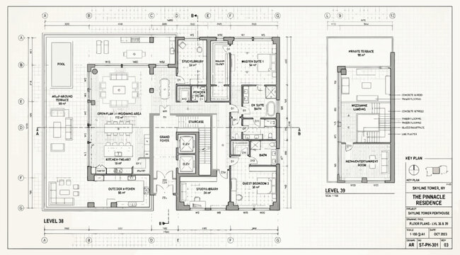 Architectural floor plan of a luxury penthouse residence featuring a private pool and terrace