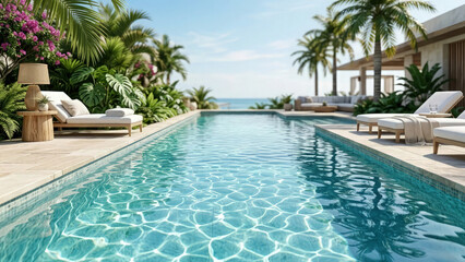 Fototapeta premium Swimming pool with crystal clear water reflects the bright sunlight while surrounded by comfortable lounge chairs and exotic tropical vegetation.