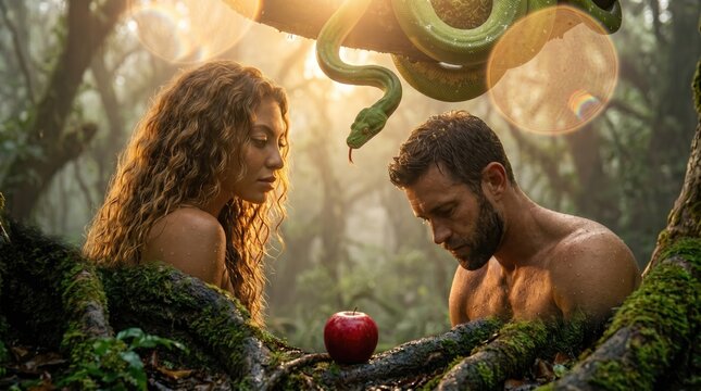 Adam and Eve tempted by the serpent with the apple in the Garden of Eden