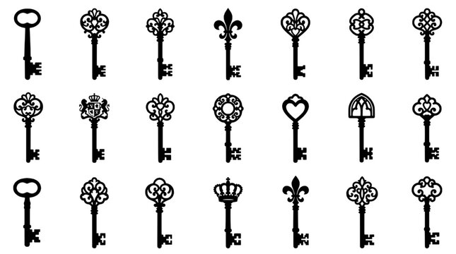 Keys vintage set with ornate designs and intricate patterns featuring antique, black and white, decorative with illustration and symbols elements for