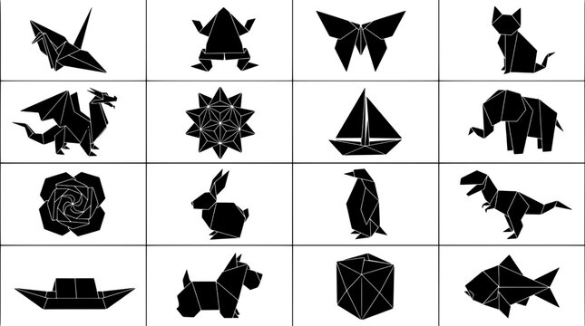 Knives, triangles, polygons and animals in black minimalist geometric icon grid for logo, pattern and web design