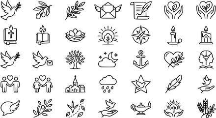 Fototapeta premium Religious and Spiritual Line Art Icon Set: Faith, Peace, and Nature Outline Symbols Collection for Christian and Life Concepts.