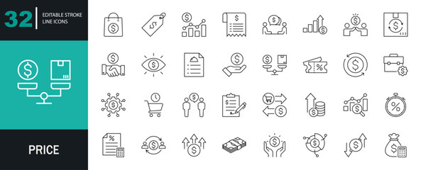  Price icon set. Containing product, price tag, cost, quotation, invoice, estimate, discount, and more. Editable line icons. Vector illustration. © hook 