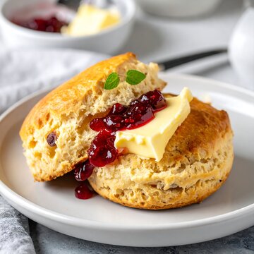 Delicious scone with butter and jam on plate close up food photography
