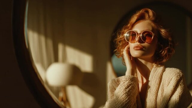 Golden Hour Glamour: A stylish woman with auburn hair and oversized sunglasses basks in the warm, diffused light of golden hour, her hand gently touching her face as she gazes thoughtfully.