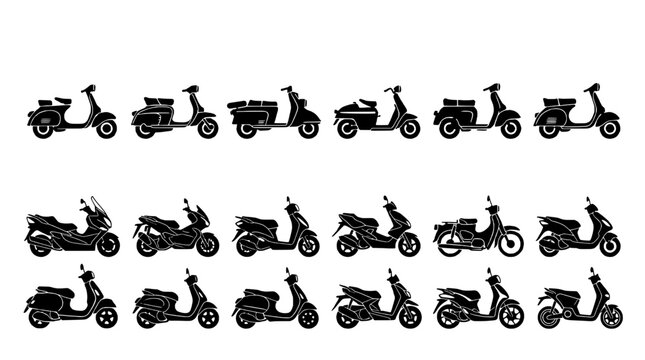 Motorcycle icons set of black scooter and chopper silhouettes for transport, racing, and street style graphics