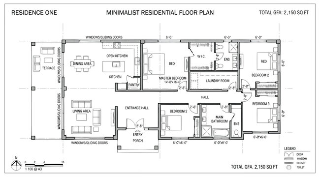 Minimalist residential floor plan architectural drawing
