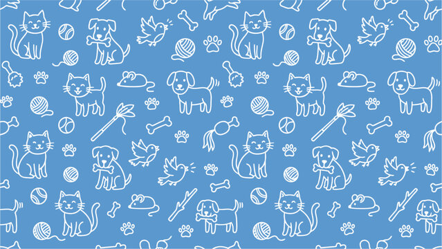 Whimsical blue and white doodle pattern featuring playful animal silhouettes.