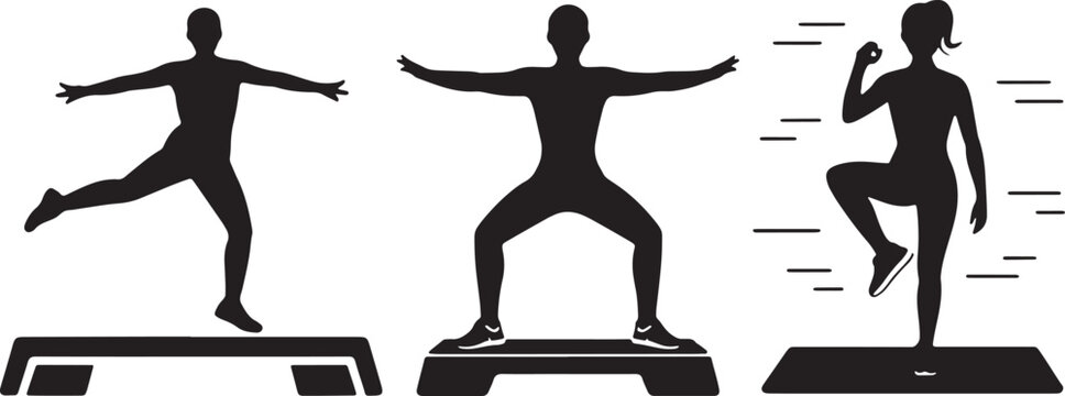 Aerobic step workout and cardio exercise icons set in solid black style on white background