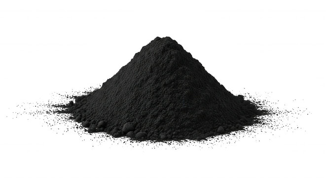 A conical pile of fine black powder or charcoal dust isolated on a solid black background, texture of granular
