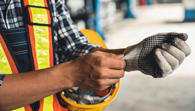 Injulied worker wearing safety vest putting on protective gloves with helmet in construction site for safety