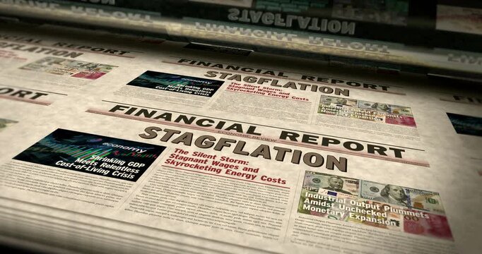 Stagflation crisis breaking news vintage print machine. Inflation and recession title headline newspaper printing house. Information paper media looped animation.