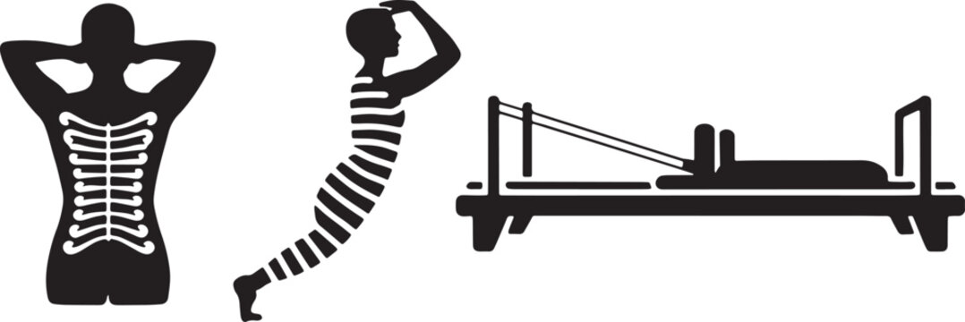 Modern pilates reformer machine spine stretching icons set in solid style on white background