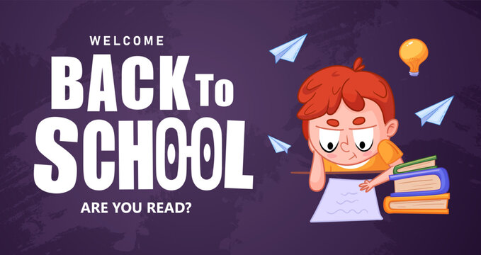 Back to school banner with tired cartoon boy doing homework with books and paper airplanes. Educational poster for school enrollment, classroom promotion and academic advertising