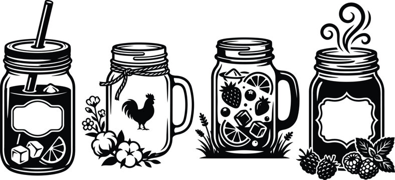 High-resolution black and white vector illustrations of rustic mason jars with diverse contents and charming designs.