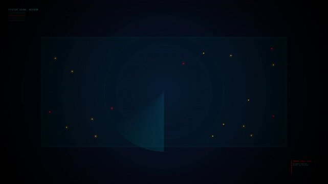A dark blue background features a central abstract pattern resembling a stylized satellite dish emitting a beam of light, surrounded by scattered small colorful dots representing stars