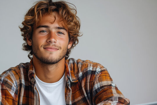 Smiling Student Wearing Plaid Shirt Working on Laptop
