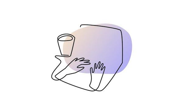 Minimal one line art animation of hands typing on computer laptop with cup and mouse