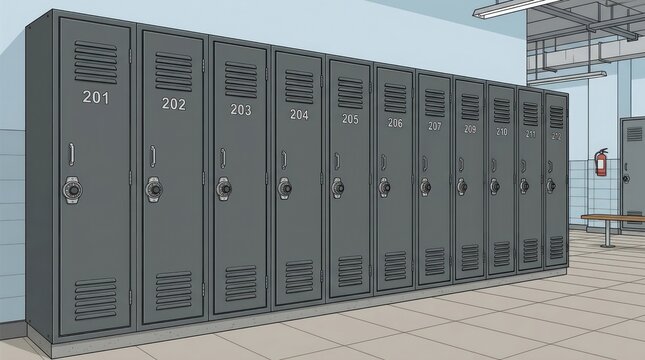 Row of grey metal school lockers in a hallway, numbered 201 to 207, with a bench and fire extinguisher visible.