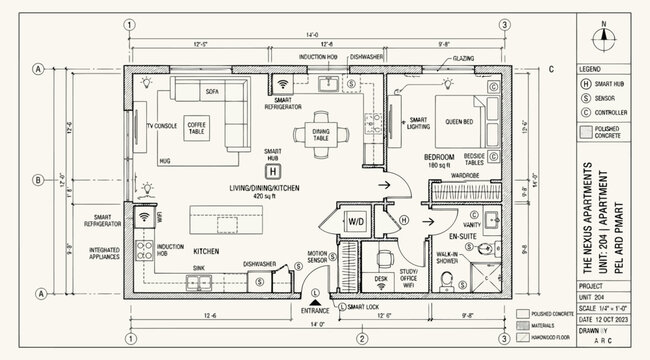 Architectural floor plan of a modern smart apartment unit 204