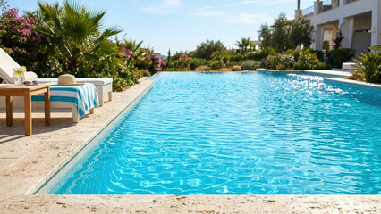 Obraz premium Swimming pool edge meets a stone patio where a small side table and a folded towel rest near comfortable lounge chairs on a peaceful and sunny afternoon at a private villa.