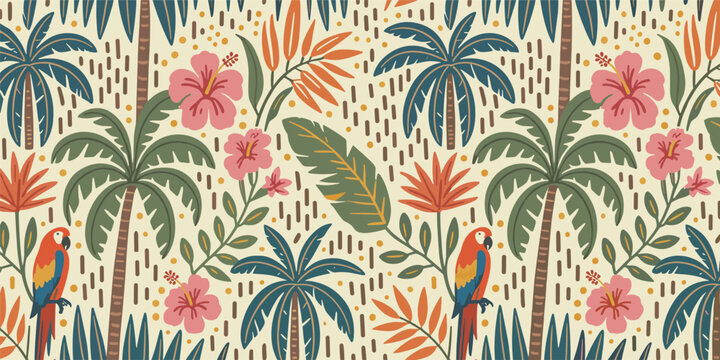 Tropical Jungle Pattern with Palm Trees Parrots and Hibiscus Flowers vector illustration