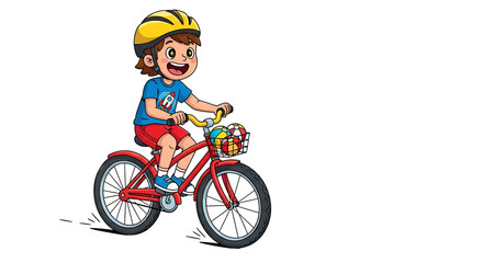Fototapeta premium Cute cartoon boy riding a bicycle with a happy smile and colorful style, perfect for children, sports, healthy lifestyle, and outdoor activity themes.