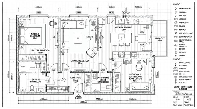 Smart apartment floor plan layout with technical specifications