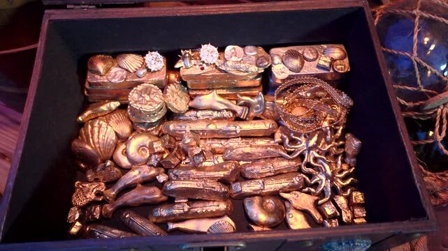 Treasure ingots and golden valuables inside a treasure chest.