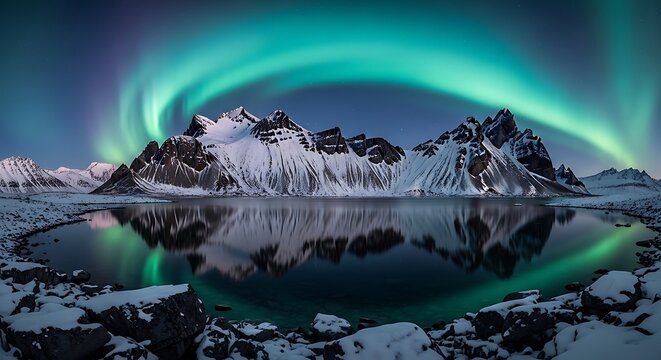 Stunning arctic landscape featuring dramatic snowy mountains under vibrant green northern lights
