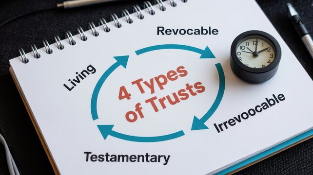 Concept of four types of trusts including living, revocable, irrevocable, and testamentary on a notebook