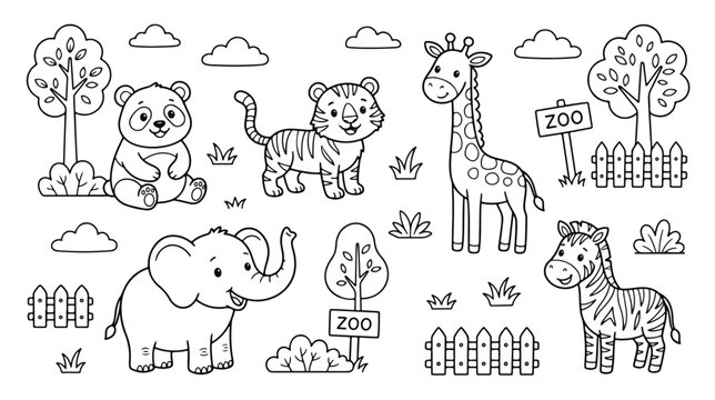 Cute zoo animals coloring page for kids, black and white outline vector illustration of safari animals, cartoon elephant tiger and giraffe set