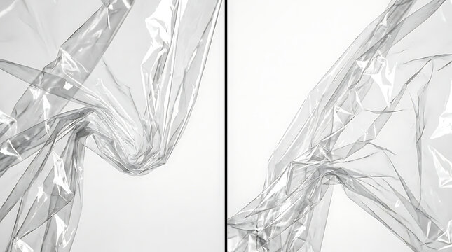 Abstract texture of crumpled transparent plastic film against white background with transparent crumpled abstract wrinkled material background polythene cellophane flexible reflective