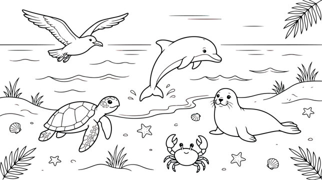 Ocean animals coloring page vector, cute sea life line art with dolphin and turtle, beach landscape coloring book illustration for kids