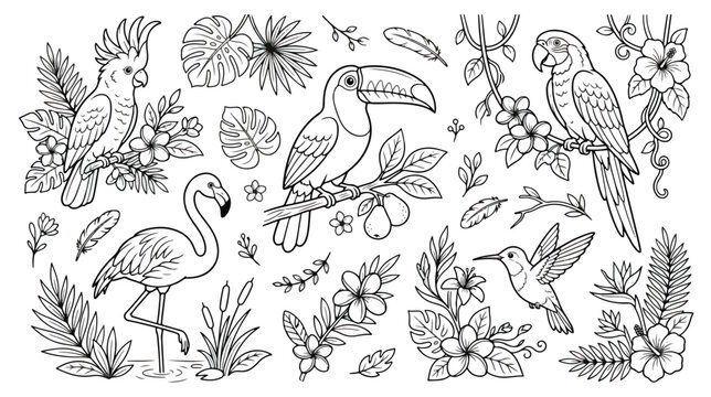 Tropical birds coloring page vector set, exotic jungle animals line art collection, flamingo and toucan outline illustrations for kids activity