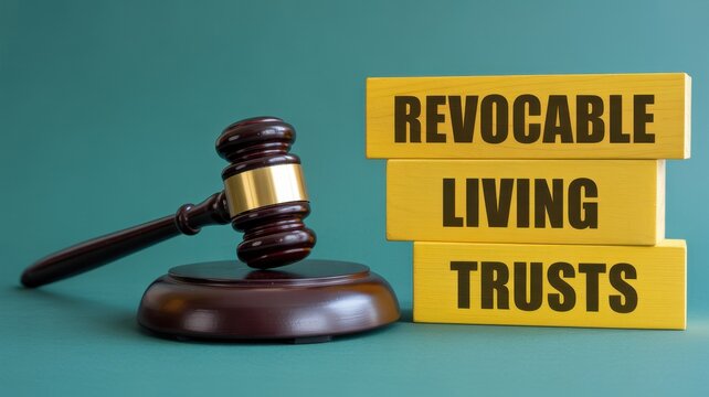 Wooden gavel with blocks reading Revocable Living Trusts on a solid green background