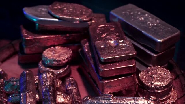 Treasure ingots piled atop a barrel lit by torchlight. Close-up.