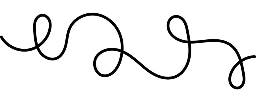 Black wavy line creates abstract curvy pattern with flowing loops and organic squiggles on white background for modern graphic design elements.