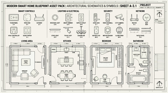 Modern smart home blueprint asset pack with architectural schematics and symbols