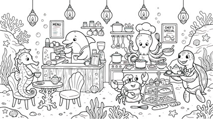 Underwater restaurant coloring page for kids, cute sea animal cafe with dolphin barista and octopus chef, ocean life coloring book vector © Ch