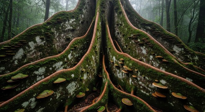 Giant Buttress Roots of Ancient Tree Anchored in Forest