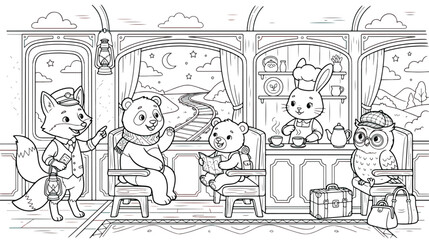 Cute animal train coloring page, cartoon forest animals traveling on vintage steam locomotive, black and white outline vector illustration for kids © Ch