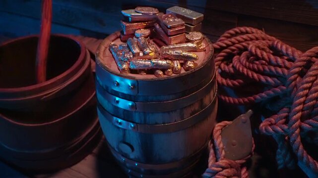 A stack of gold and silver treasure ingots on top of a barrel lit by torchlight.