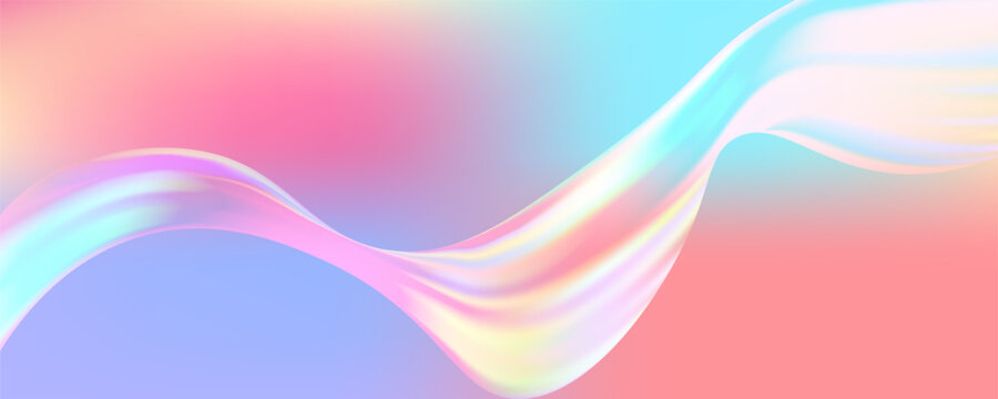 Flowing holographic waves with pastel gradient create dreamy 3D composition, featuring soft pink and blue hues in futuristic Y2K-inspired abstract design